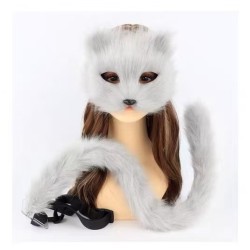Simulated Cat Mask Plush Mask Set Grey Two-Piece Set