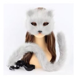 Simulated Cat Mask Plush Mask Set Grey Two-Piece Set