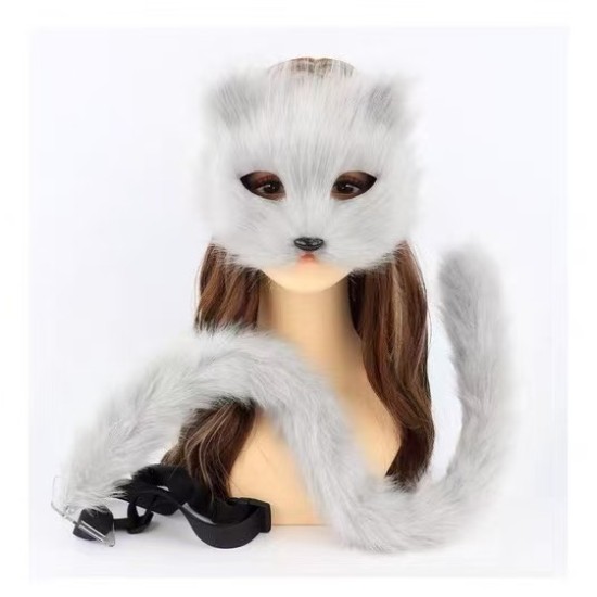 Simulated Cat Mask Plush Mask Set Grey Two-Piece Set