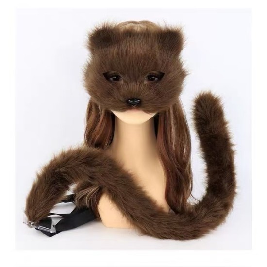 Simulated Cat Mask Plush Mask Set Coffee Two-Piece Set