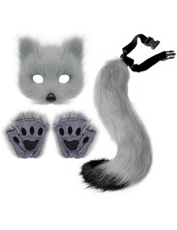 Fox Mask Glove Tail Grey Three-Piece Set