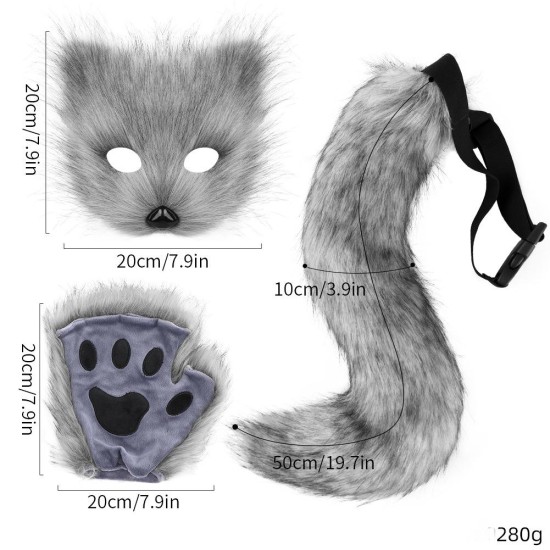 Simulated Fox Mask Glove Tail Dark Grey Three-Piece Set