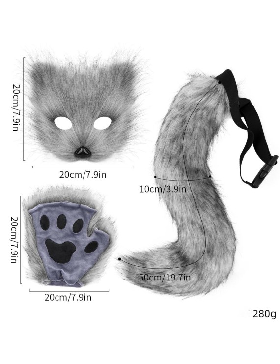 Fox Mask Glove Tail Grey Three-Piece Set