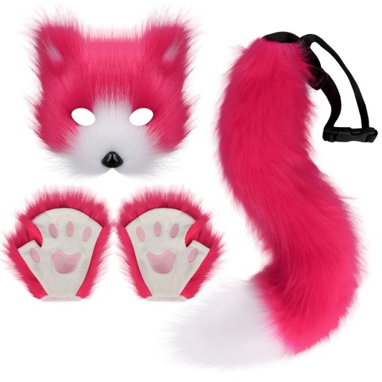 Fox Mask Glove Tail Rose Red Three-Piece Set