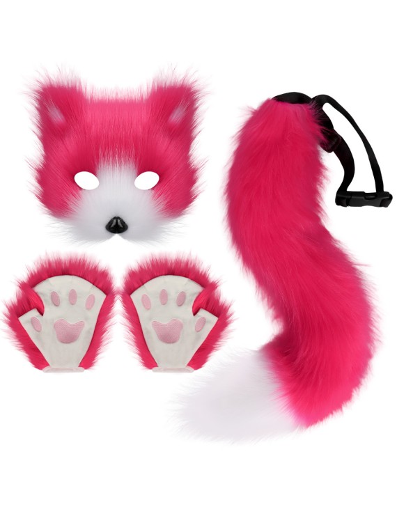 Fox Mask Glove Tail Rose Red Three-Piece Set