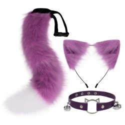 Hand-Made Cat Ears, Headband, Fox Tail Accessory Purple And White Three-Piece Tail 50cm