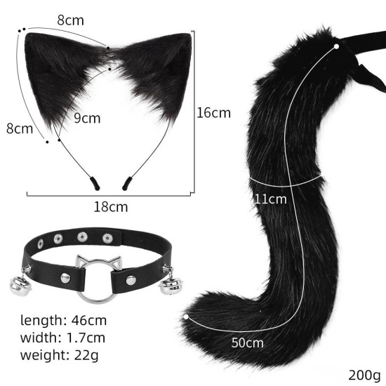 Hand-Made Cat Ears, Headband, Fox Tail Accessory Black And White Three-Piece Tail 50cm