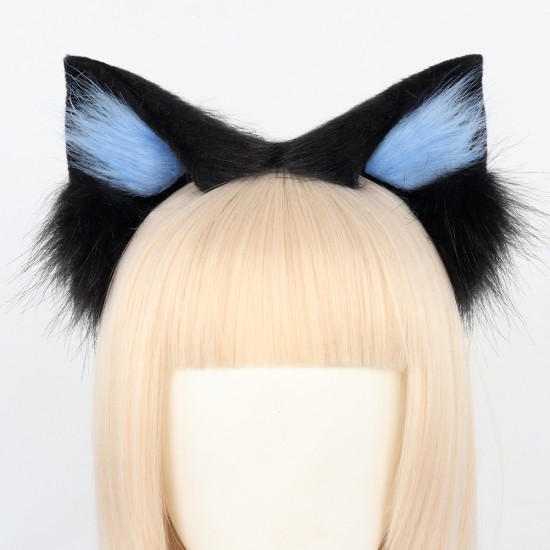 Handmade Plush Cat Ear Headband Cute Cat Lady, Black and Blue.