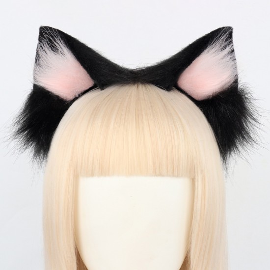 Handmade Plush Cat Ear Headband Cute Cat Lady, Black Powder.