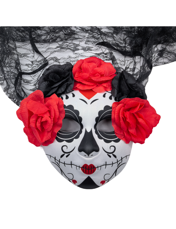 Day Of The Dead Sugar Skull Mask With Veil And Rose Flower Crown