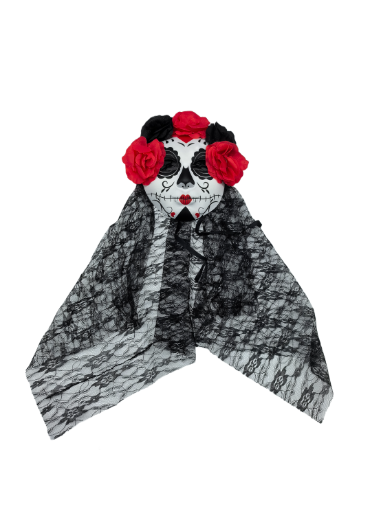 Day Of The Dead Sugar Skull Mask With Veil And Rose Flower Crown