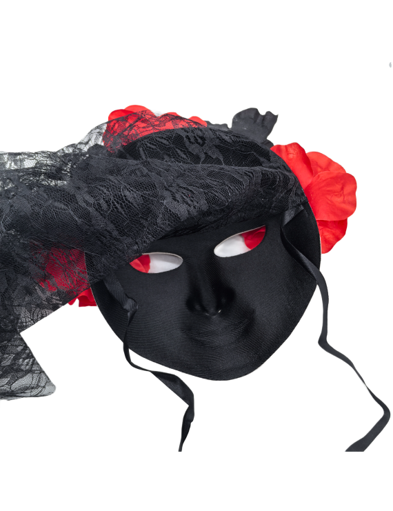 Day Of The Dead Sugar Skull Mask With Veil And Rose Flower Crown